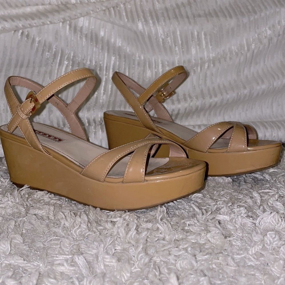 Authentic Prada Tan Patent Leather Wedges